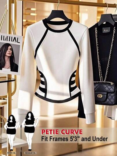 SHEIN PETITE CURVE Sudadera casual de manga larga con cintura ceñida y contraste de color para mujer talla grande, otoño/invierno