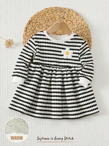 Cozy Pixies Baby Girl Heart Striped Pattern Round Neck Long Sleeve Cinched Waist Dress, Thick Thermal Lined Suitable For Winter - Black and White - View 4