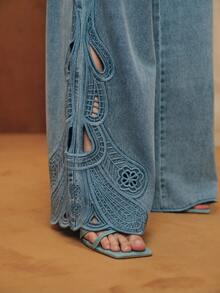 Anewsta 女士优雅刺绣镂空蓝色直筒裤，适合秋冬季约会穿着 - 藍色 - 查看 1