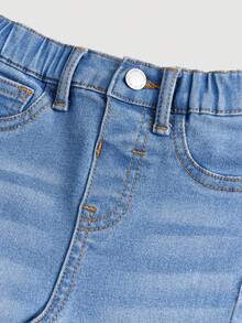 SHEIN Baby Girls' Blue Denim Thermal Lined Elastic Skinny Flare Pants - Medium Wash - View 3