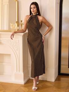 Revavyn Đầm dự tiệc Maxi chấm bi cổ satin thanh lịch, buộc dây gợi cảm hở lưng, eo cao, đa năng - màu nâu - Xem 6