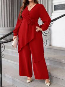 Ellevyn Bộ 2 món vải voan dài tay cỡ lớn, Thu/Đông - Đỏ - Xem 4