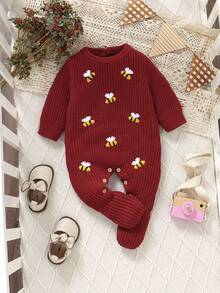 SHEIN 1 bộ đồ liền thân trẻ sơ sinh, màu trắng kem, cổ tròn, tay dài, thêu hình con ong dễ thương, phong cách tối giản - Đỏ - Xem 5