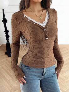 Zavorell Áo len dài tay cổ chữ V thanh lịch và thoải mái, truyền cảm hứng cho nữ, phù hợp cho đi làm hàng ngày vào mùa hè và mua sắm, kỳ nghỉ, Halloween, Giáng sinh và tiệc năm mới - màu nâu - Xem 5