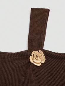 SHEIN Clasi Gaun Elegan Model A-Line Ukuran Plus dengan Dekorasi Mawar Emas, Lengan Mengembang Bergaris, dan Pinggang Ramping - Coklat - View 6