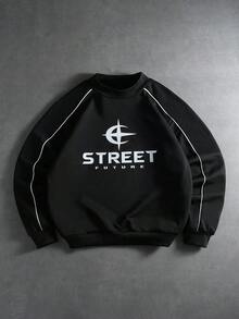 PAVTROS 男士字母印花圆领宽松长袖套头卫衣，街头风，朋友装，情侣装，宽松版型，男士款，图案，日系风格，男女通用，我爱我的女朋友 - 黑色 - 查看 1