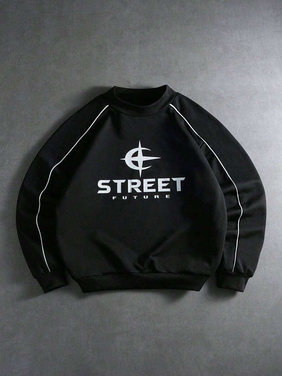 PAVTROS 男士字母印花圆领宽松长袖套头卫衣，街头风，朋友装，情侣装，宽松版型，男士款，图案，日系风格，男女通用，我爱我的女朋友 - 黑色 - 查看 1