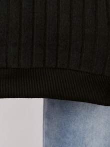 Genkimix Kids Autumn/Early Winter Navy Blue Knit Wide Ribbed 2-Piece Set, Top Is Navy Blue Knit Wide Ribbed Pullover Long Sleeve With Faux Pocket, Bottom Is Washed Denim Jeans With Distressed Details, Collegiate Style, Versatile For Various Occasions, Essential Basics - Black - View 5