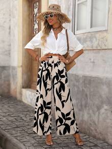 Brillora Women's Casual Beige Boho Summer Vacation Holiday All-Over Print High Waist Side Pockets Loose Wide Leg Pants,Bohemian Printed Palazzo Trousers - Apricot - View 6