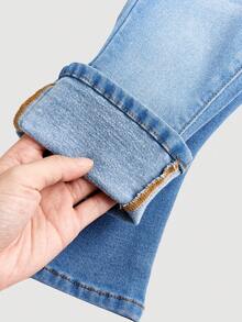 SHEIN Baby Girls' Blue Denim Thermal Lined Elastic Skinny Flare Pants - Medium Wash - View 5