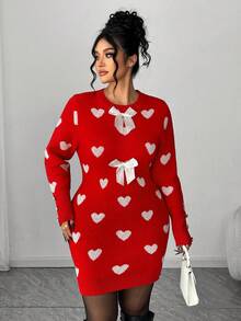 Elenzga Váy len ôm dáng cổ tròn tay dài màu đỏ ôm sát, họa tiết trái tim jacquard thời trang lãng mạn ngọt ngào đa năng cho ngày lễ tình nhân, mùa thu/đông - Nhiều màu - Xem 4