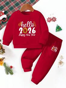 圣诞节两件套：男婴休闲时尚红色卫衣和印有“Hello 2026 Happy New Year”字样的白色图案卫衣，舒适圆领长袖，搭配同色系运动裤，适合男婴和婴幼儿的节日装扮，秋冬春季皆宜。 - 彩色 - 查看 4
