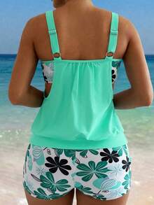 Swim Lushoire Women's Floral Print Beach Vacation Casual Tankini Swimwear Set, Spring/Summer - Green - View 2