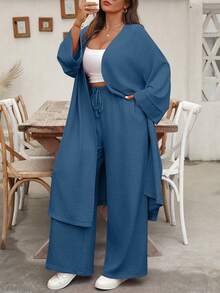 EMERY ROSE Plus Size Long Shirt Cardigan Top And Straight Leg Pants Two Pieces Casual Vacation Set - Blue - View 6