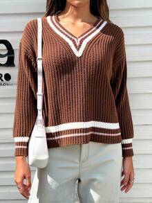 Suéter tejido mujer cuello v rayas color contraste manga larga estilo casual holgado suave invierno - Marrón Chocolate - Ver 1