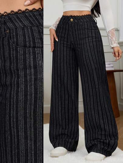 SHEIN Tall ג'ינס שחור רחב פסים אופנתי לנשים חורפי, אלגנטי, עם מותן תחרה וטלאים, אופנת חורף
