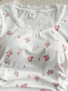 Áo thun ngắn tay dài cổ tròn in họa tiết hoa nhỏ xinh xắn dành cho bé gái tuổi mới lớn, cổ chữ U, ren, viền bèo nhún, phù hợp với mọi mùa, áo thun họa tiết hoa cho bé gái - Hồng - Xem 4