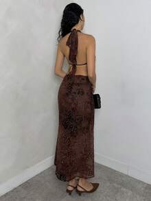 SHEIN Glamour Women's Velvet Jacquard Brown Floral Elegant Backless Halter Neckline Party Dress,Summer Night Out Chocolate Brown Metallic Floral Short Dress - Multicolor - View 2
