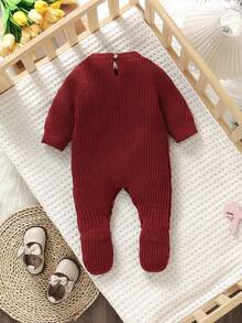 SHEIN 1 bộ đồ liền thân trẻ sơ sinh, màu trắng kem, cổ tròn, tay dài, thêu hình con ong dễ thương, phong cách tối giản - Đỏ - Xem 2