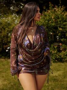 Swim Vcay Plus Size Vintage Random Print Maillard Color Casual Minimalist Resort Style Women Swimwear Set - Brown - View 5