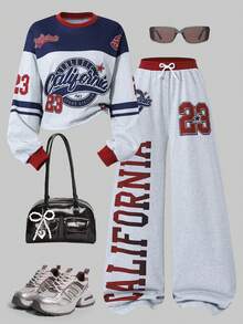 Sparklyn 2pcs/Set Teenage Girls Letter Print Pullover Pullover Sweatshirt & Straight Leg Casual Pants Sweatsuit - Grey - View 1