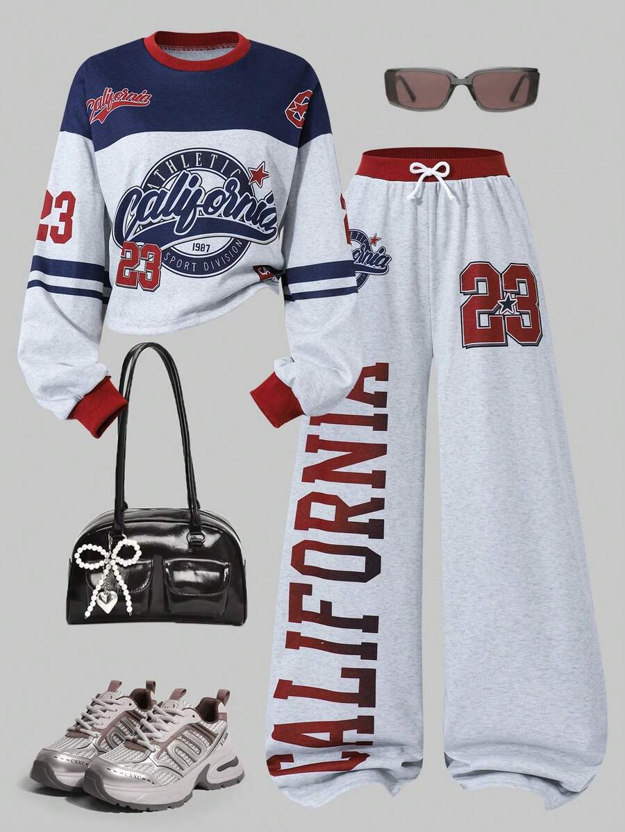 Sparklyn 2pcs/Set Teenage Girls Letter Print Pullover Pullover Sweatshirt & Straight Leg Casual Pants Sweatsuit - Grey - View 1