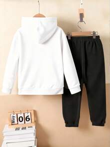 SHEIN 2件套返校季青少年男童休闲时尚创意透气简约兄弟字母印花连帽卫衣和运动裤套装，个性化上衣秋季服装 - 彩色 - 查看 2