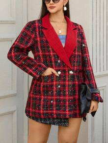 SHEIN LUNE Plus-Size Women's Christmas For Women Red Tweed Women's Coat For Autumn And Winter Is Suitable For Christmas Thickened For Warmth Gothic Women Winter Coats Elegant For Women Thanksgiving For Women Red Thick Woolen Coat For Women, Suitable For Christmas, Autumn/Winter Winter Women Women New Year Women's Coats - Red - View 4
