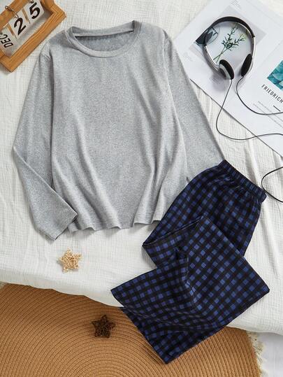 EasyFave Teenage Girls' Loose Casual Solid Color Round Neck Long Sleeve Top & Plaid Print Pants Pajama Set Grey Pajama Set Soft Pajamas Set Teen Girl Lounge Wear