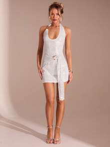 Glamine 女士性感优雅露背亮片紧身连衣裙 - 杏色 - 查看 3