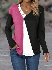 SHEIN LUNE Áo thun hở vai họa tiết nút bấm phối màu dành cho nữ - Màu Hồng Tươi - Xem 4