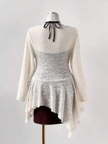 Sunspun 休闲优雅性感简约提花3D花卉垂褶领口不对称荷叶边下摆系带蝴蝶结修身咖啡棕色连衣裙，适合约会和聚会，女士两件套 - 彩色 - 查看 2