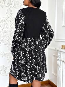 EMERY ROSE Plus Size Round Neck Raglan Sleeve Patchwork Ditsy Floral Casual Everyday Dress - Black - View 2