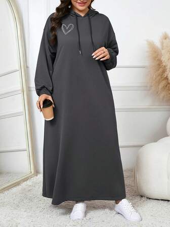 Mulvari Plus Size Drawstring Hooded Long Sleeve Casual Plain Modest Arabian Clothing Plus Size Winter Dress