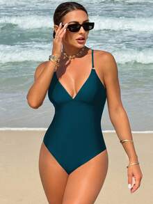 SHEIN Swim Solid Color Backless Spaghetti Strap One-Piece Swimsuit, Simple & Perfect For Summer Beach - Teal Blue - View 4