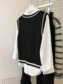 Franclia 法式复古宽松V领无袖针织撞色滚边灰色女式毛衣背心，适合秋冬季叠穿 - 黑色 - 查看 2