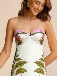 CAJUNI 女士休闲热带度假风水彩椰树花卉印花粉绿米色佩斯利抹胸无袖系带长裙，优雅长裙，约会装扮 - 杏色 - 查看 3