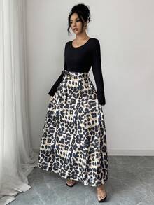 Rafferiza Vestido de manga larga con estampado de leopardo, cintura ceñida, acampanado, elegante, para primavera/otoño - Multicolor - View 4