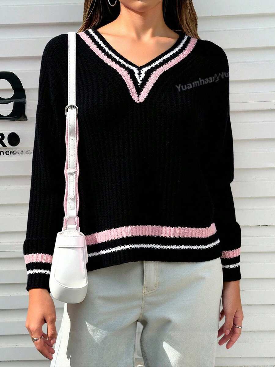 Suéter tejido mujer cuello v rayas color contraste manga larga estilo casual holgado suave invierno - Negro - Ver 1