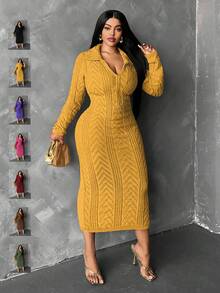 Maweii 大码女式高领长袖修身休闲针织连衣裙，秋冬款 - 黃色 - 查看 1