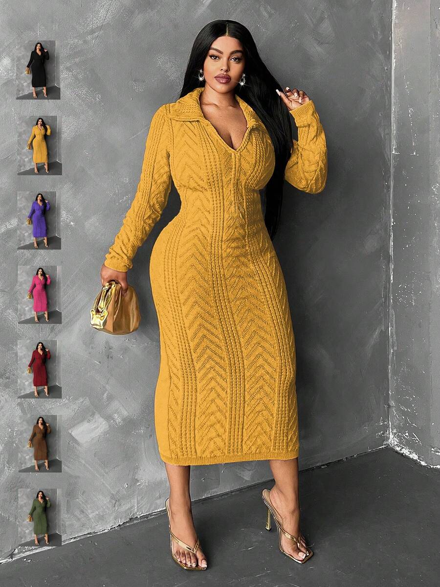 Maweii 大码女式高领长袖修身休闲针织连衣裙，秋冬款 - 黃色 - 查看 1