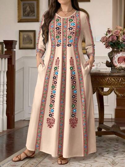 EMERY ROSE Plus Size Women Vintage Floral Print Round Neck Long Sleeve Pocket Casual Dress, Autumn