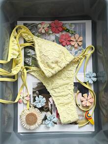 Swim Mod 2026 New Spring/Summer Women's Yellow Triangle Bikini Swimsuit, Sexy Backless Triangle Bottoms, Unique Fabric, European & American Style Flower Swimsuit Lemon Bathing Suit Lemon Bikini Yellow Bathing Suits Yellow Bikini