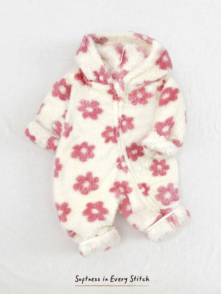 Cozy Pixies 女婴碎花针织加厚连帽长袖连体衣 - 粉色 - 查看 1
