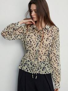 Aveloria Modichic Random Blue Polka Dot Print Shirt, Classic Collar Design, Drawstring Waist For Adjustable Fit, Suitable For Multiple Occasions - Yellow - View 5