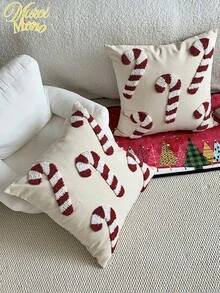 1pc Christmas Candy Cane Theme Plush Pillow Case, Holiday Home Decor Cushion Cover, Bedroom Decorative Throw Pillow Cover - Beige - View 1