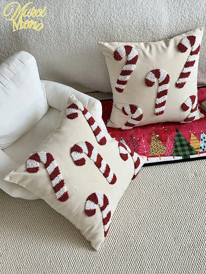 1pc Christmas Candy Cane Theme Plush Pillow Case, Holiday Home Decor Cushion Cover, Bedroom Decorative Throw Pillow Cover - Beige - View 1