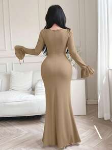 Feyla 女士纯色扭结V领修身连衣裙 - 駝色 - 查看 2