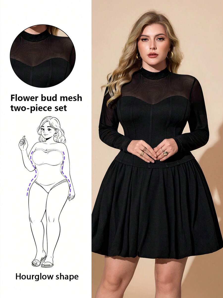 Hourglow Plus Size Women 2 Pieces Set - Solid Color Mesh Patchwork Long Sleeve Top And Mini Skirt, For Hourglass Body Shape/2026 /New Year - Black - View 1