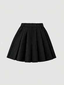 SHEIN 少女灯芯绒纽扣褶皱A字迷你裙，休闲，秋冬款 - 黑色 - 查看 2